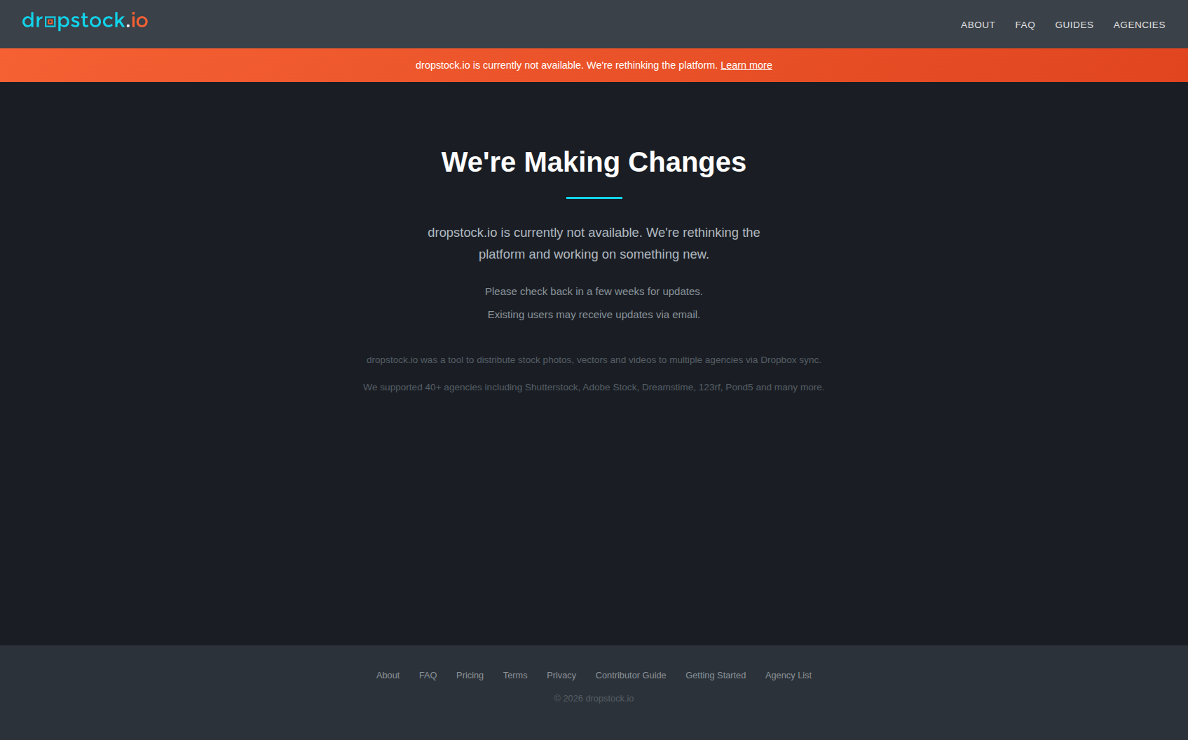 dropstock.io dropstock.io — stock photo distribution platform that synced uploads to 40+ agencies via Dropbox