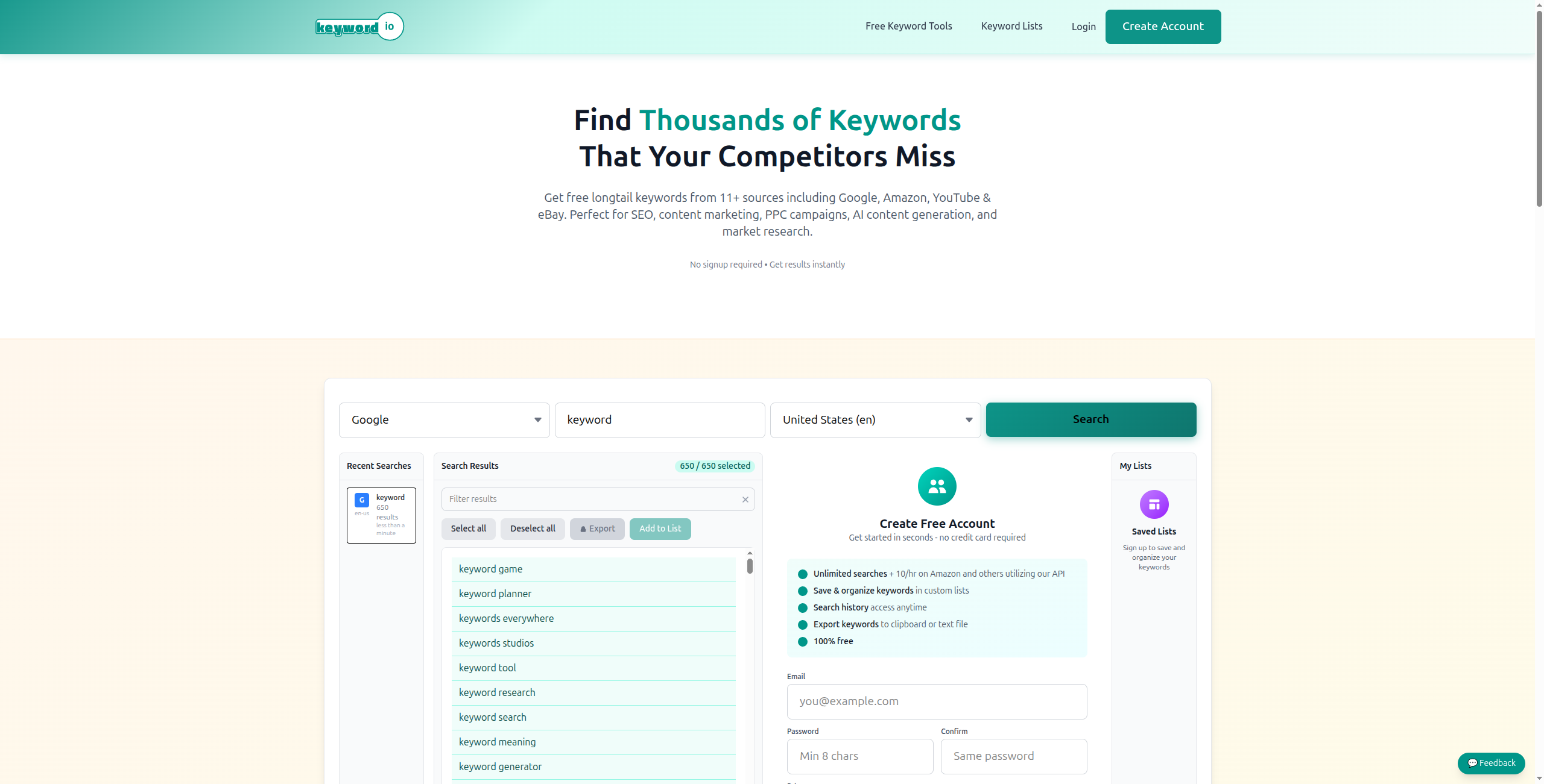 keyword.io keyword.io — free keyword research tool showing longtail suggestions from Google, Amazon, YouTube and more